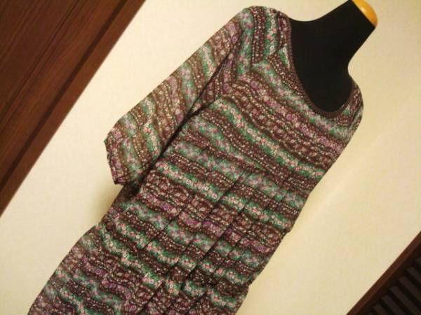 ■ 美品 3can4on ワールド 7分袖 茶 ブラウン 花柄 フリル 袖 シースルー レディース ワンピース 3号 Mサイズ Lサイズ 11 40拍卖
