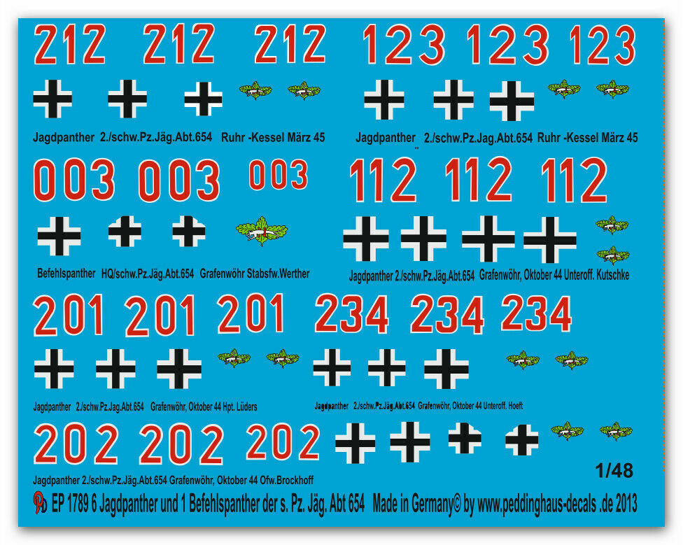 ●デカール1/48 ヤークトパンター(7輌), 第654重戦車駆逐大隊 ドイツ製48-1789【即決・送料無料!】【匿名発送】拍卖