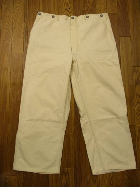 30's 40's ミリタリー ワーク パンツ シンチバック バックルバック 片ポケ 生成り ビンテージ サスペンダー メタルボタン ステンシル拍卖