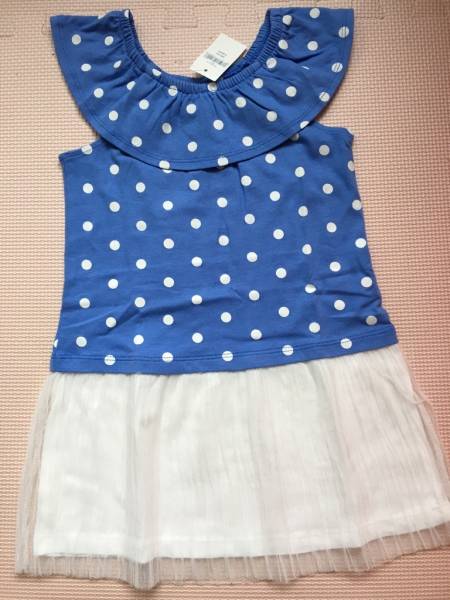 新品 baby GAP ブルードット×シフォンスカート ワンピース オンショルダー・オフショルダーどちらでも 100㎝ 定価4200円拍卖