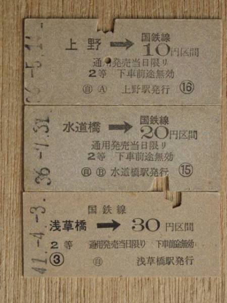 昭和36・41年 国鉄 首都圏 乗車券 3枚 硬券 水道橋駅 浅草橋駅拍卖