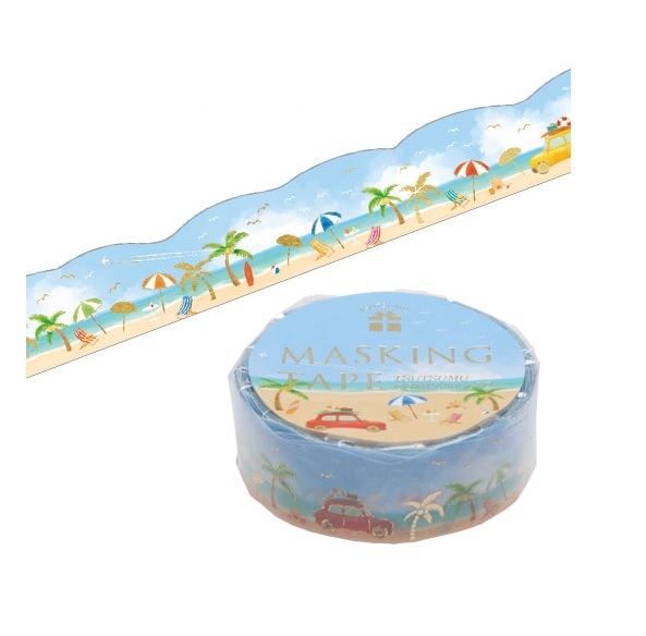 @【即決】■ダイカットマスキングテープ■ テープ/15mm×5m巻 /ビーチ /夏柄 /ゴールド箔 /TSUTSUMU //TM089拍卖