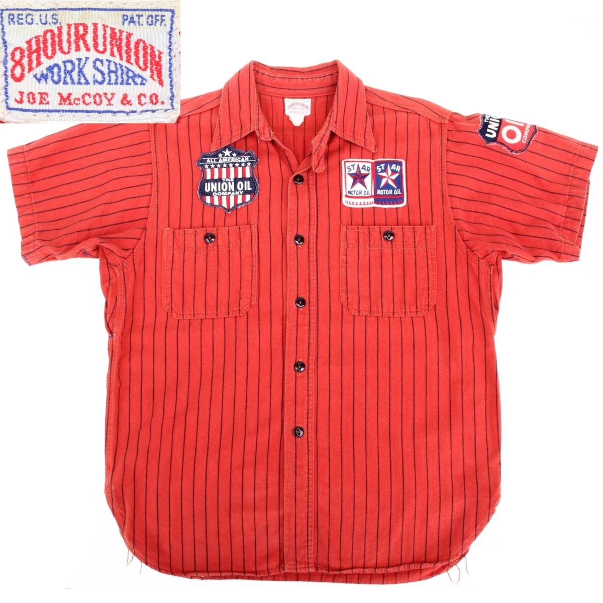 (21642)良品JOEMcCOY旧ジョーマッコイ8HOURUNION半袖ワークシャツ14~15 S-M (旧リアルマッコイズ 半袖シャツ赤レッド ワッペン パッチ付き拍卖