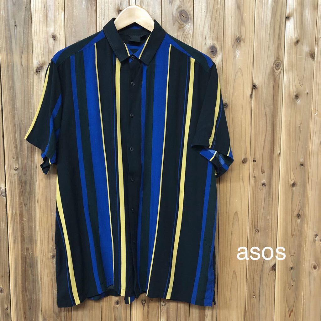 asos◇エイソス 半袖シャツ トップス アロハシャツ ストライプ柄 マルチカラー VISCOSE素材 涼感 アメカジ USA古着 メンズL拍卖