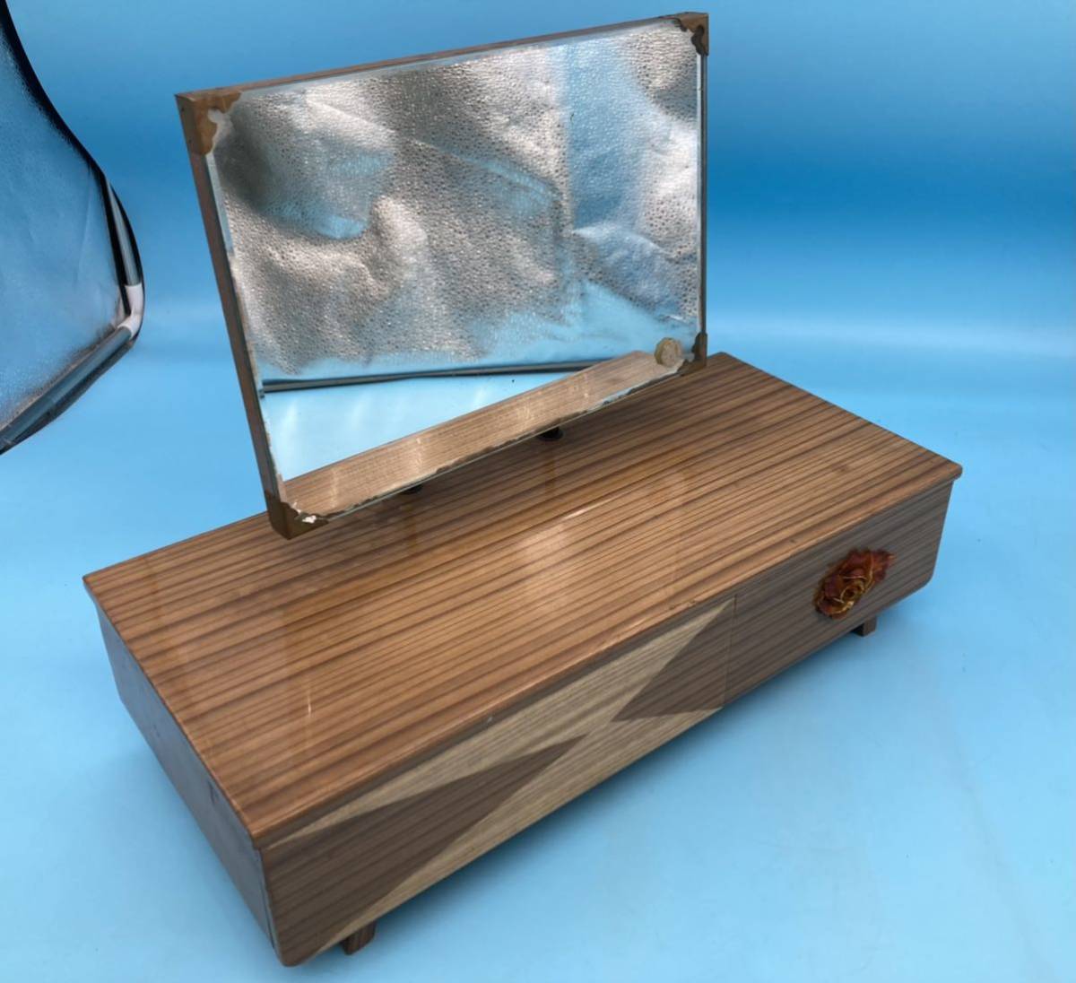 【A4132N142】卓上 鏡台 ミニドレッサー 昭和レトロ 小物入れ 木製 アンティーク 古民家 ミラー拍卖