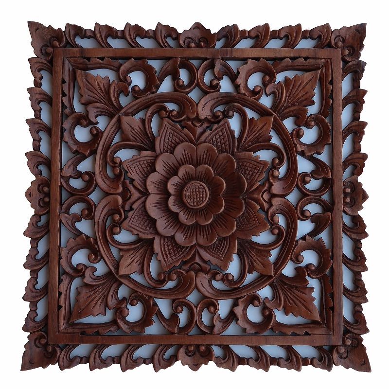 花の木彫りの壁掛けレリーフ 40X40 スワール無垢材 【壁掛けタペストリー 壁飾り ウォールアート 木彫り彫刻】YSA-050775拍卖