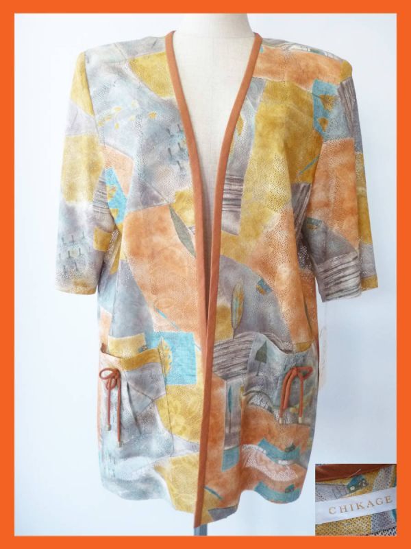 CHIKAGE ノーカラー ブラウス 半袖 サイズ9号 肩パッド ミセス ポケット リボン 葉 リーフ 薄手 Ruth オーバーブラウス 橙 茶色 定形外拍卖