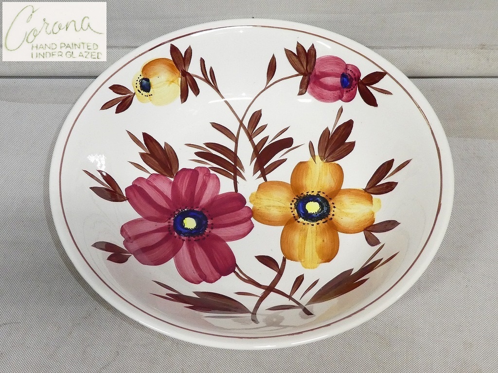 ●Corona UNDER GLAZED ハンドペイント 花柄 フラワー プラター 盛鉢 浅鉢大皿 約36.5㎝ パーティー皿●拍卖