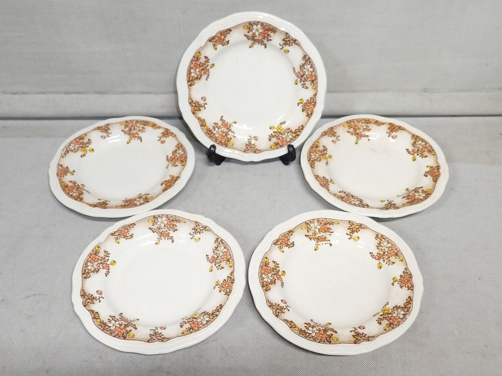 ●昭和レトロ YCC 花柄 ケーキ皿 5枚 約18.7㎝ ケーキ皿 デザート皿 中皿 硬質陶器 ヴィンテージ●拍卖