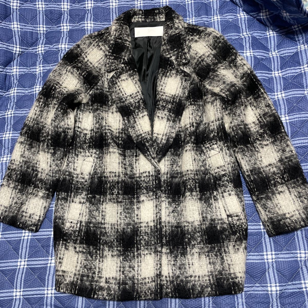 未使用 ブラックmoussy モノトーンチェック チェスター コクーン コート 羊毛混 な拍卖