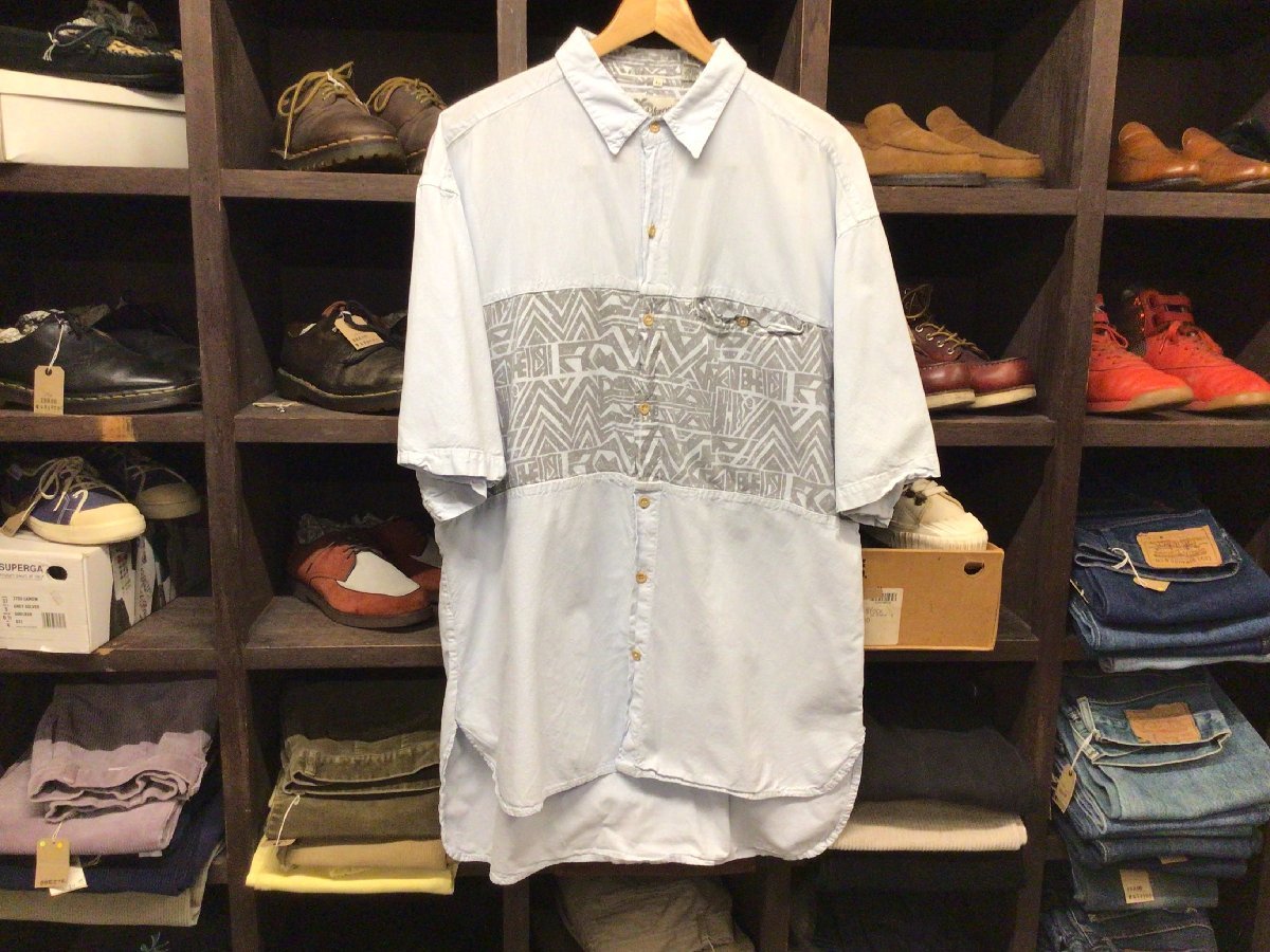 BLUE PRINT PATTERNED SHIRT SIZE L ブルー プリント アロハ シャツ 半袖 総柄 柄拍卖