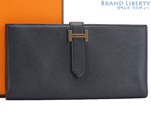 レア美品 エルメス ベアンスフレ 二つ折り長財布 マチ有り ブラック ローズゴールド ヴォーエプソン拍卖