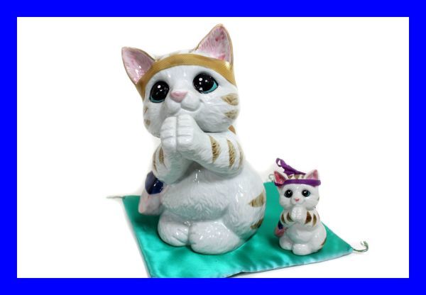 美品 昭和レトロ お願いネコ ねこ 親子2点セット 親猫27㎝ 子猫11㎝ オブジェ置物 開運金運置物 合格祈願 招き猫 ハチマキ 美濃焼陶器Z3062拍卖