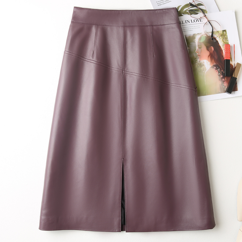 レディースラムレザースカートAライン前スリットスカート紫色2XL拍卖
