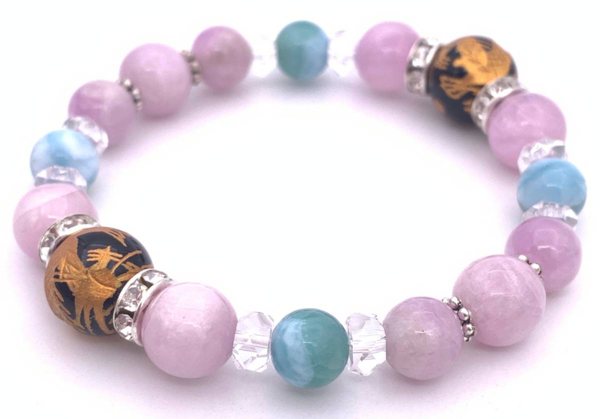天然石オニキス金彫り青龍12mm玉&クンツァイト&ラリマーのブレスレット拍卖