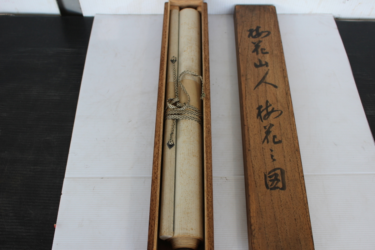 掛軸 梅花 山人 梅花図 共箱 掛け軸 書 曼荼羅 仏画 長期保管品 現状品 昭和 レトロ 箱付き 骨董品 当時 骨董 アンティーク 遺品整理 売切拍卖