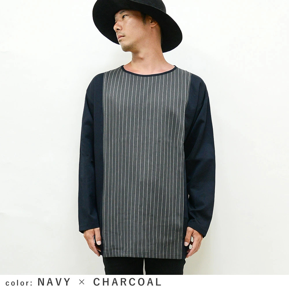 ピンストライプ切替長袖カットソーrv7525新品ネイビーxチャコールL拍卖