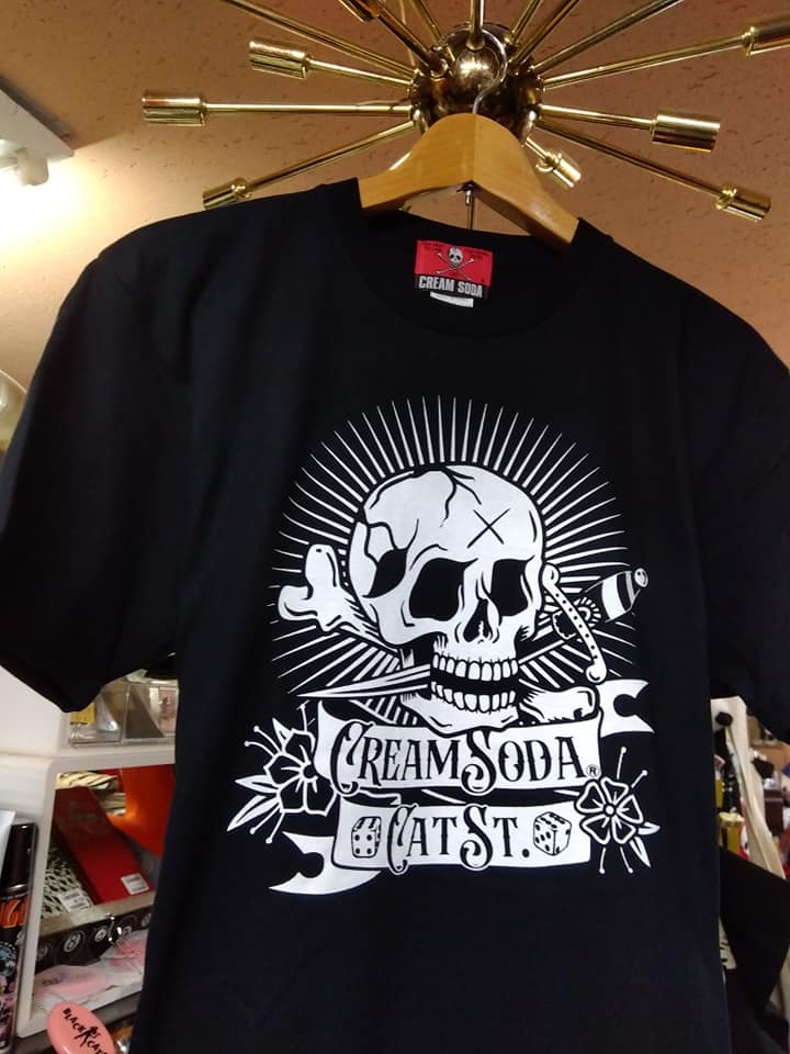 SサイズクリームソーダスカルナイフTシャツ黒検索CREAMSODAロカビリーブラックキャッツピンクドラゴンドクロ昭和レトロガイコツ髑髏拍卖