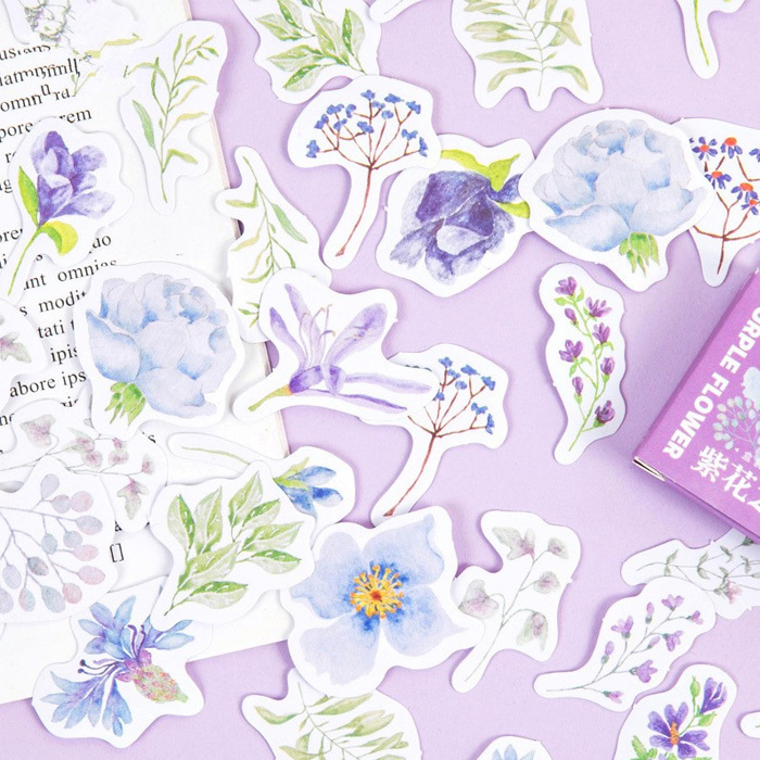 46枚 シール 紫 花 イラスト アンティーク ビンテージ デコ 0667拍卖