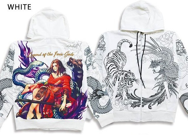 抜刀娘 四神凛火焔臨む玄武スウェットジップパーカー◆抜刀娘 ホワイトMサイズ 223811 和柄 和風 花魁 桜 白虎 朱雀 玄武 青龍 スエット拍卖