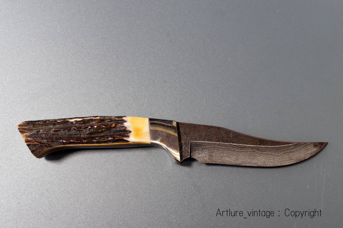 ★VINTAGE KNIFE ★ビンテージナイフ BEAR MGC 585D 9 1/2 INCH DAMASUCUS(4125) 美麗ダマスカスブレード 鹿角柄 C1990年代  USA拍卖