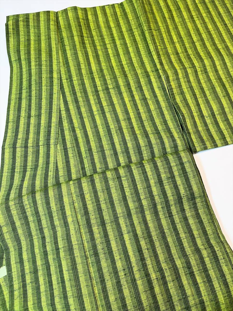 花とら●リサイクル着物 紬 縞 緑 超美品 リメイク 素材 カジュアル 普段着 220816拍卖
