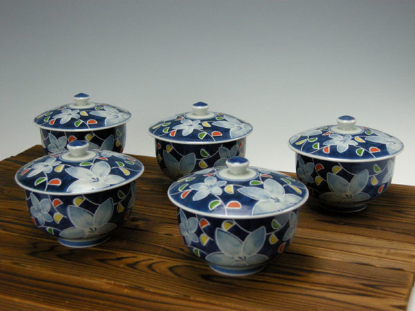 有田焼 鴻窯 作 染錦一珍唐草文蓋付湯呑揃(5客)拍卖