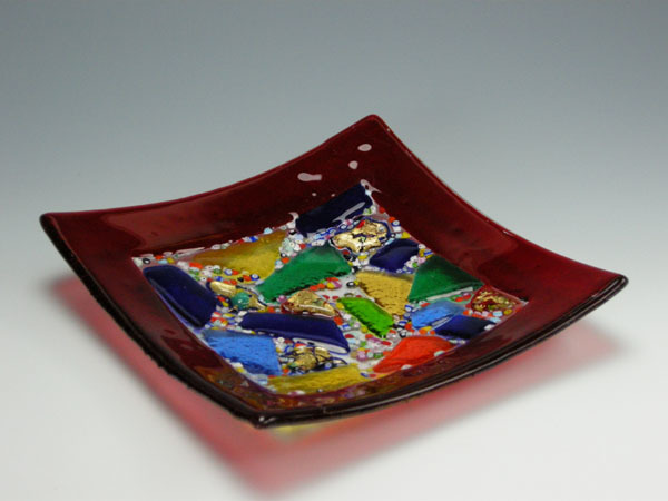 ITALY,イタリー【ムラーノ】ヴェネチャングラス モザイクスクエアプレート(赤・中)拍卖