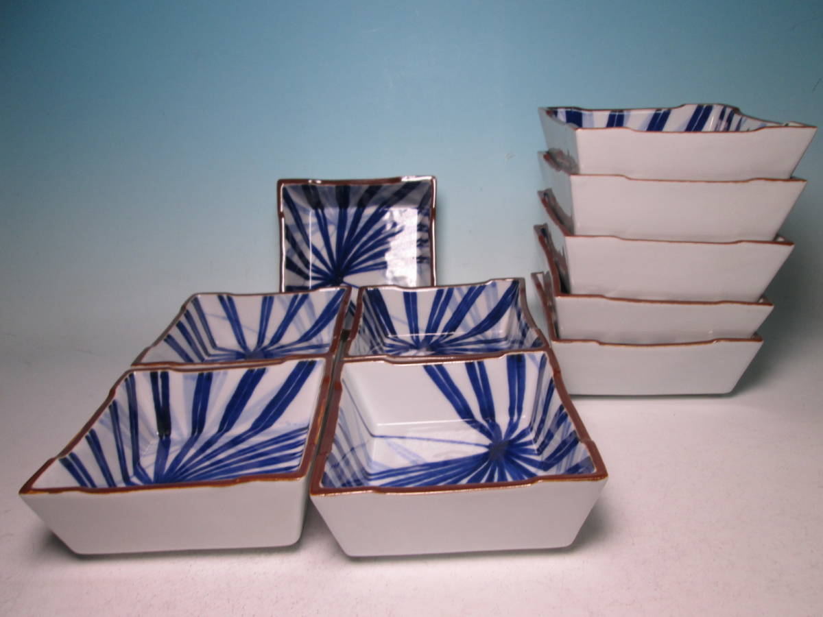 ☆お料理屋さんの器・宮永東山 造 染付葉文角向付 10客 共箱拍卖