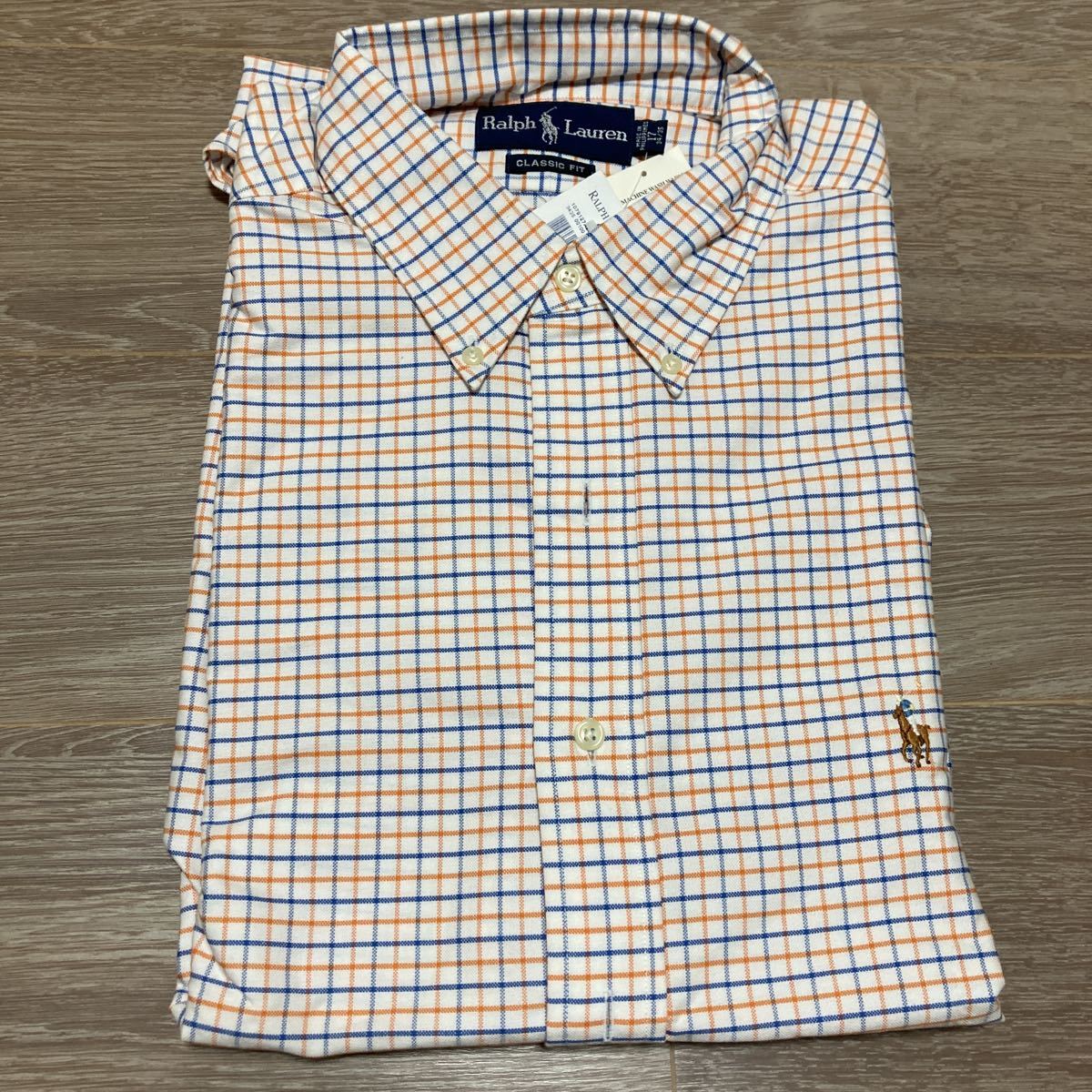 新品未使用POLO Ralph Lauren ポロ ラルフローレン オックスフォードボタンダウンシャツ長袖青オレンジ白チェック柄サイズ17-34/35拍卖
