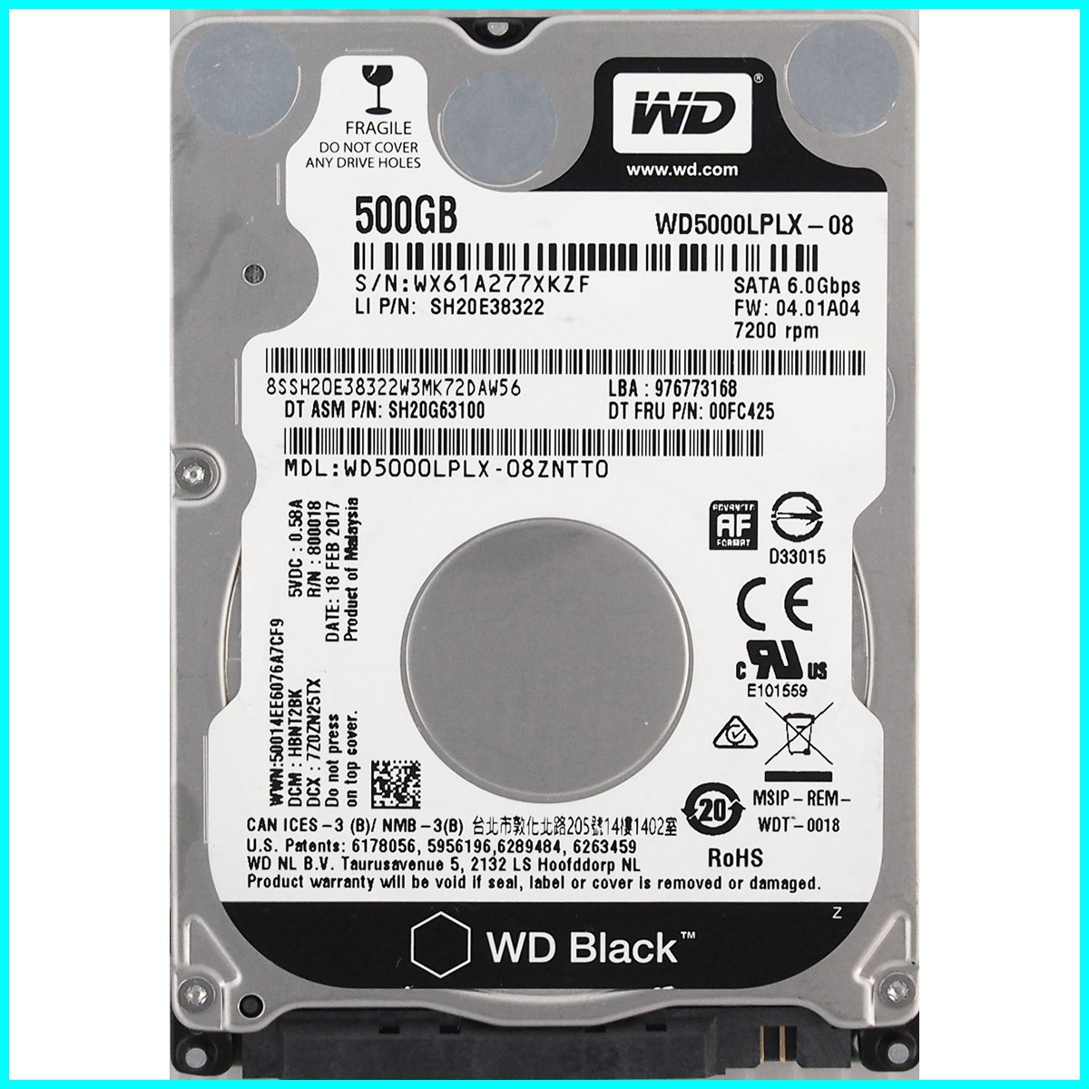 Western Digital WD5000LPLX-08ZNTT0 2.5インチ 7mm SATA600 500GB 1392回 11672時間拍卖