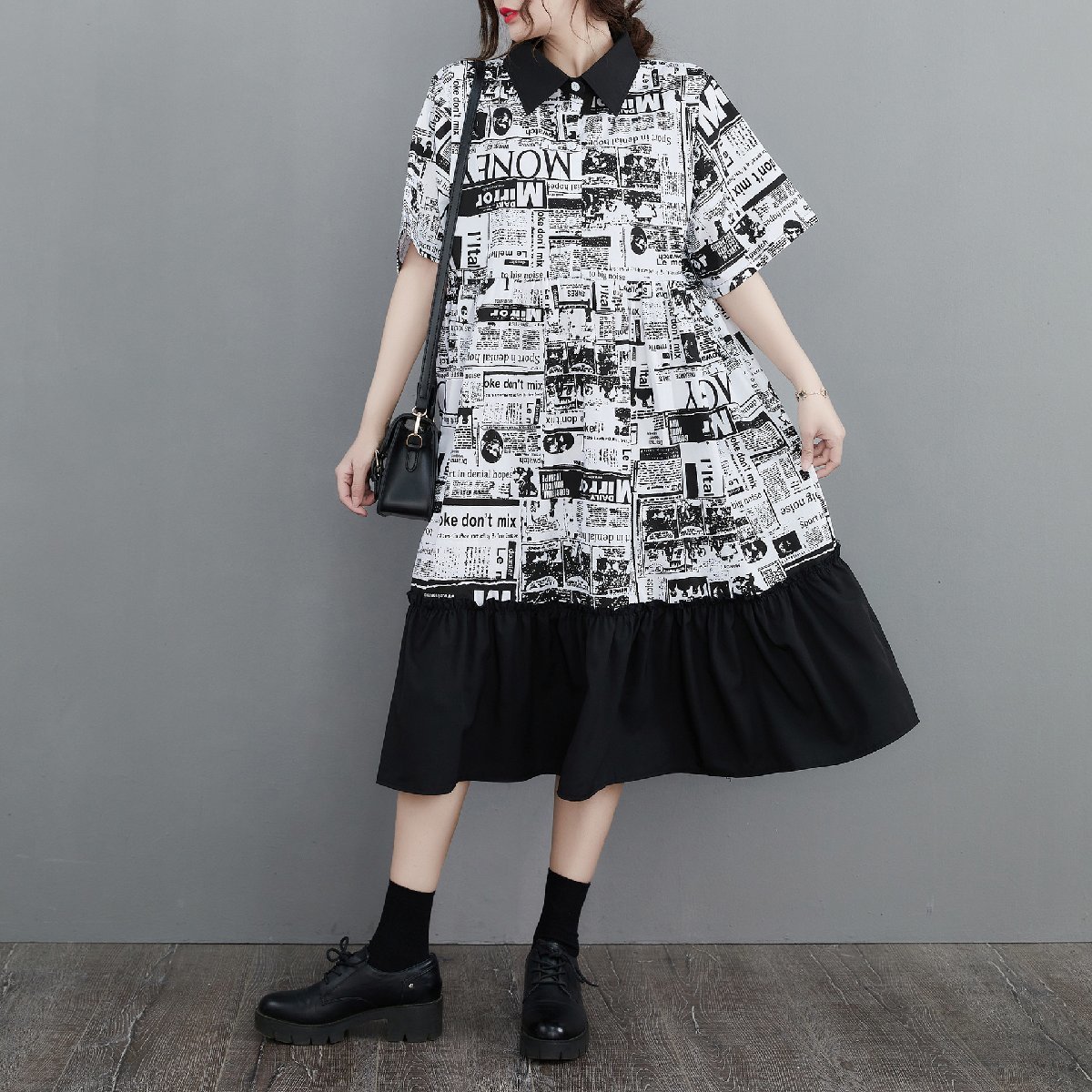 ZJM1260 体型カバー*プリント柄切り替え半袖ロングシャツワンピース*新品春夏**カジュアル*ゆったり大きいサイズ拍卖