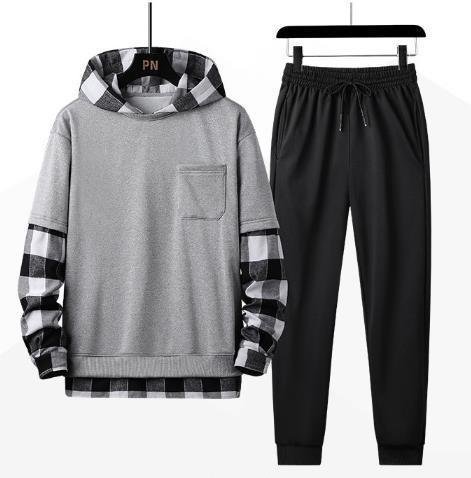 LHK1290★メンズ カジュアル スエット 上下 ジャージ スポーツウェア 薄手 スウェット フード付き チェック柄拍卖