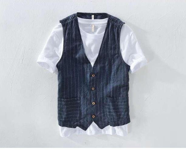 LHW1107★夏新品メンズベスト ジレベスト 麻100% リネンベスト ストライプ柄 ビジネスベスト 薄手 カジュアル お洒落 三色選択 XL~3XL拍卖