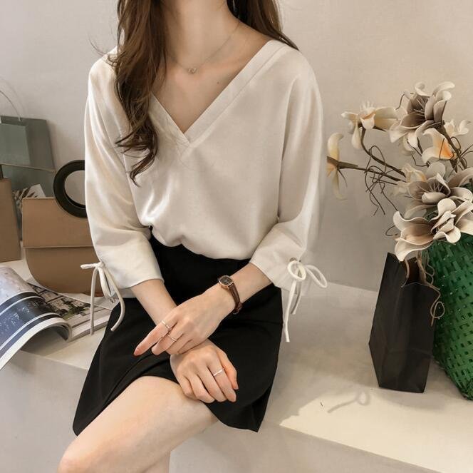 HSM574★春夏新入荷 シンプル プルオーバー 無地 ボウタイ Vネック 五分袖 ブラウス 20~40代 シンプル スウィート拍卖