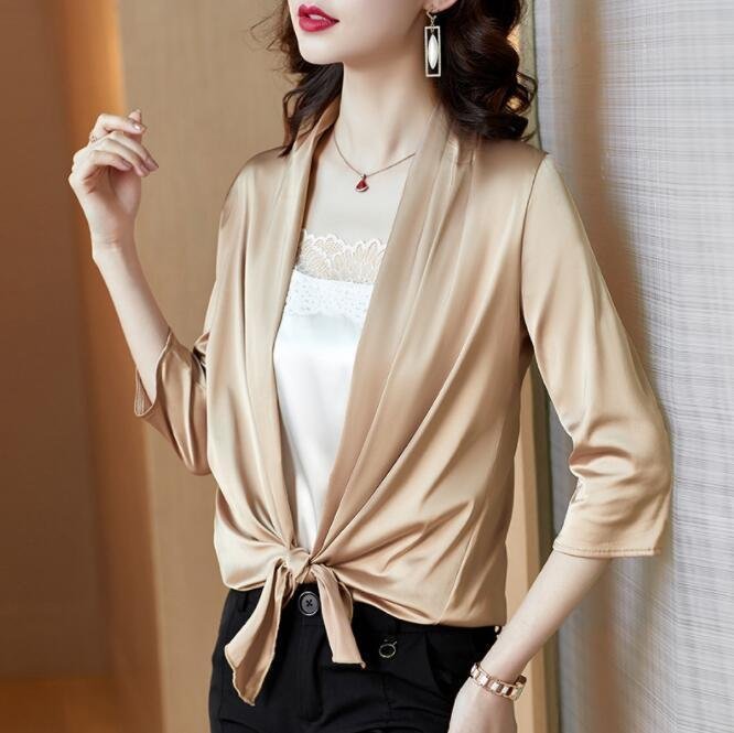 HSM572★新作 エレガント オシャレ リボン つるつる サテン素材 着やせ 冷房対策 日焼け カーディガン シャンパン色 七分袖サイズ選択可拍卖