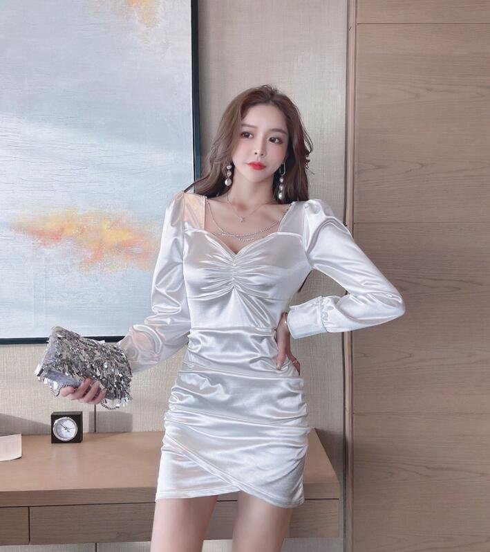 HSM634★新作 秋レディースワンピース OL通勤 二次会ドレス 着痩せ 美尻美胸美脚 ミニ丈 ホワイト 大人sexy拍卖