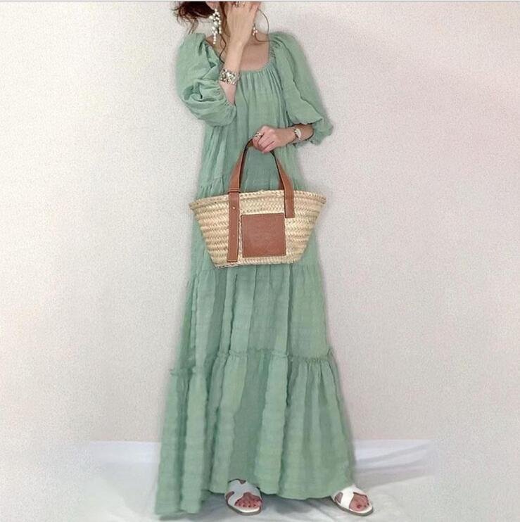 LHH292★大人可愛い ロングワンピース グリーン 無地 おしゃれ ゆったり 夏物 長袖 レディース薄手 ワンピース 通勤 上品 着心地の良い拍卖