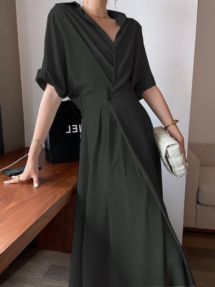 ZJM1282 ウエスト細 着痩せ効果 ふんわりワンピース 胸元すっきり ふんわり大人ライン ワンピース とろみ生地拍卖