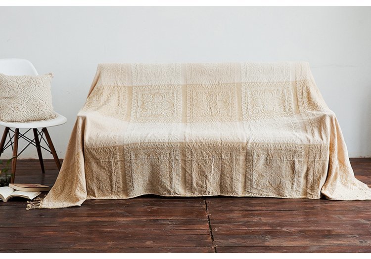 LYW860★マルチカバー ソファカバー 民族調のフラワー柄 フリンジ付き (ベージュ系, 大)拍卖