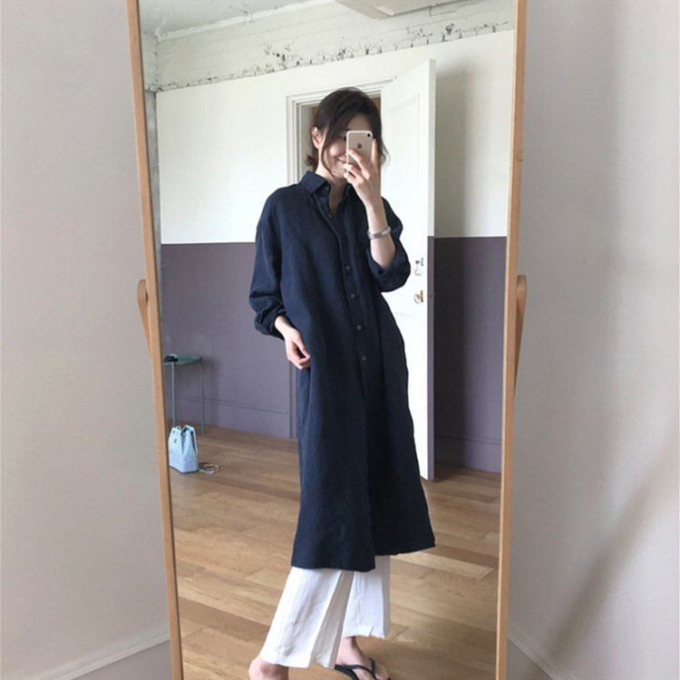 ZJM1174 長袖 コットン ロングシャツ チュニック ネイビー ロングワンピース ナチュラル レディース 無地 ゆったりS~XL拍卖