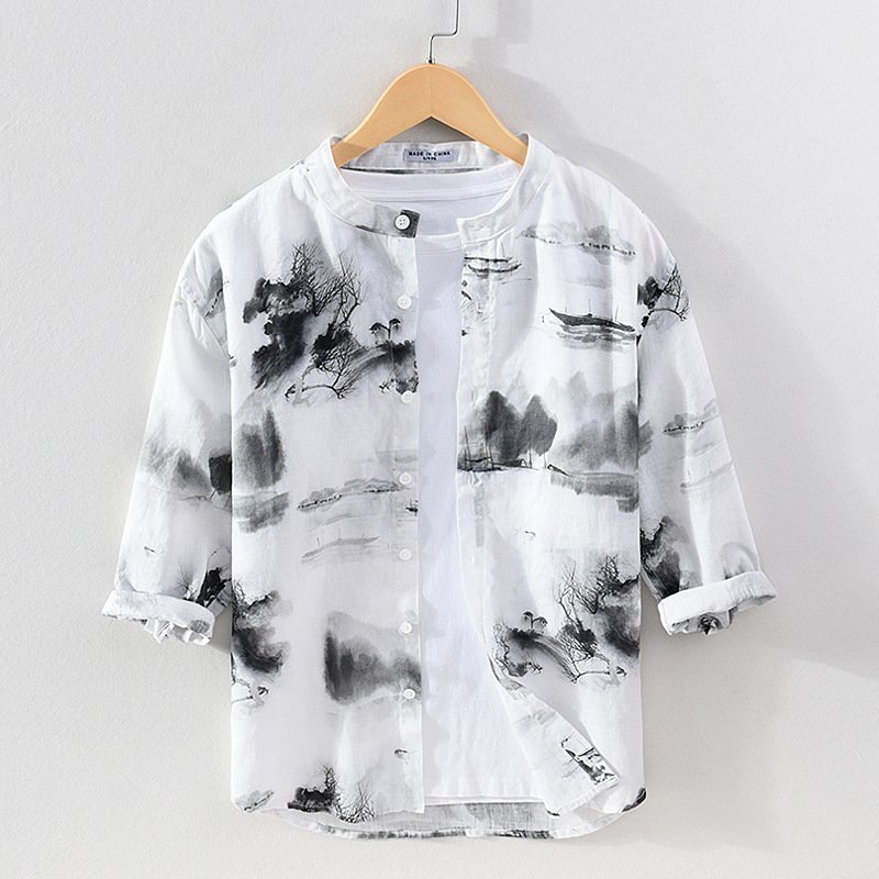 LHW1028★ 新品■麻100%★墨絵風 短袖リネンシャツ メンズサマーシャツ 日焼け止め服 薄手★涼しい 立ち襟 七分袖拍卖
