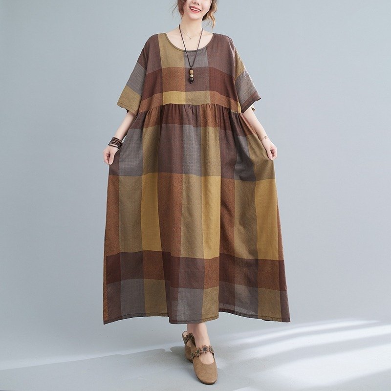 ZJM1022 体型カバー*チェック柄半袖マキシロングワンピース*カーキ 新品春夏*レディース*カジュアル*4L5L相当大きいサイズ拍卖