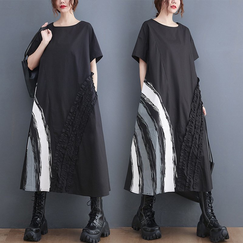 ZJM1041 *半袖マキシロングワンピース*  新品春夏*レディース*カジュアル*体型カバー*プリント*フリルゆったり大きいサイズ拍卖