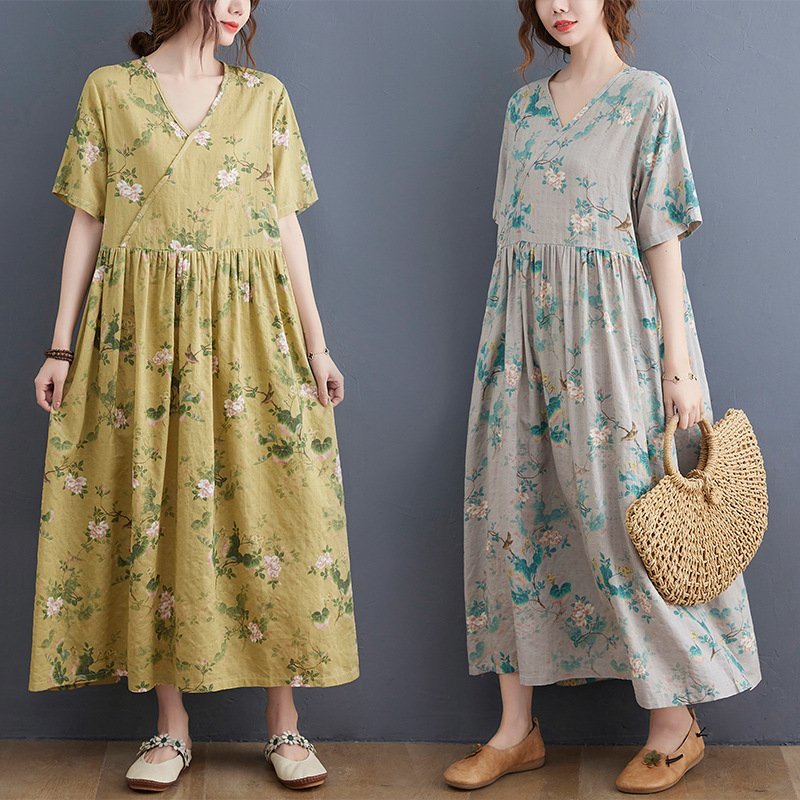 ZJM1050 体型カバー*総柄花柄*半袖マキシロングワンピース* 新品春夏*カジュアル*Vネックゆったり大きいサイズ拍卖