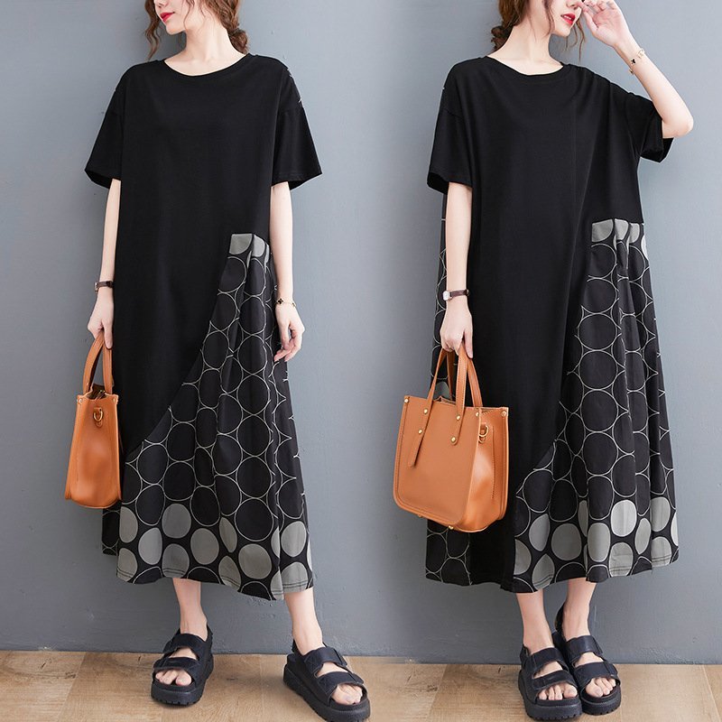 ZJM1056 体型カバー*水玉柄切り替え半袖マキシロングワンピース*黒 新品春夏**レディース*カジュアル*ゆったり大きいサイズ拍卖