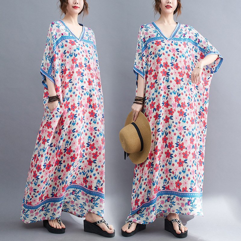 ZJM1175 体型カバー*Vネック花柄プリント半袖マキシロングワンピース*新品夏*レディース*カジュアル*ゆったり大きいサイズピンク拍卖