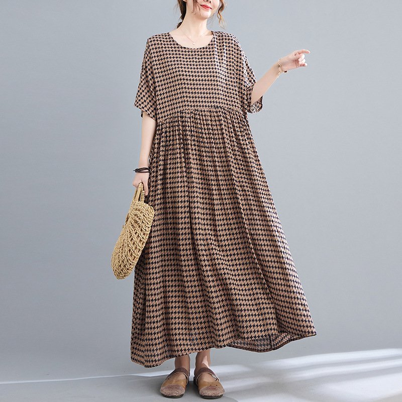 ZJM1178 体型カバー* 千鳥格半袖マキシロングワンピース* 新品春夏**レディース*カジュアル*ゆったり大きいサイズ拍卖