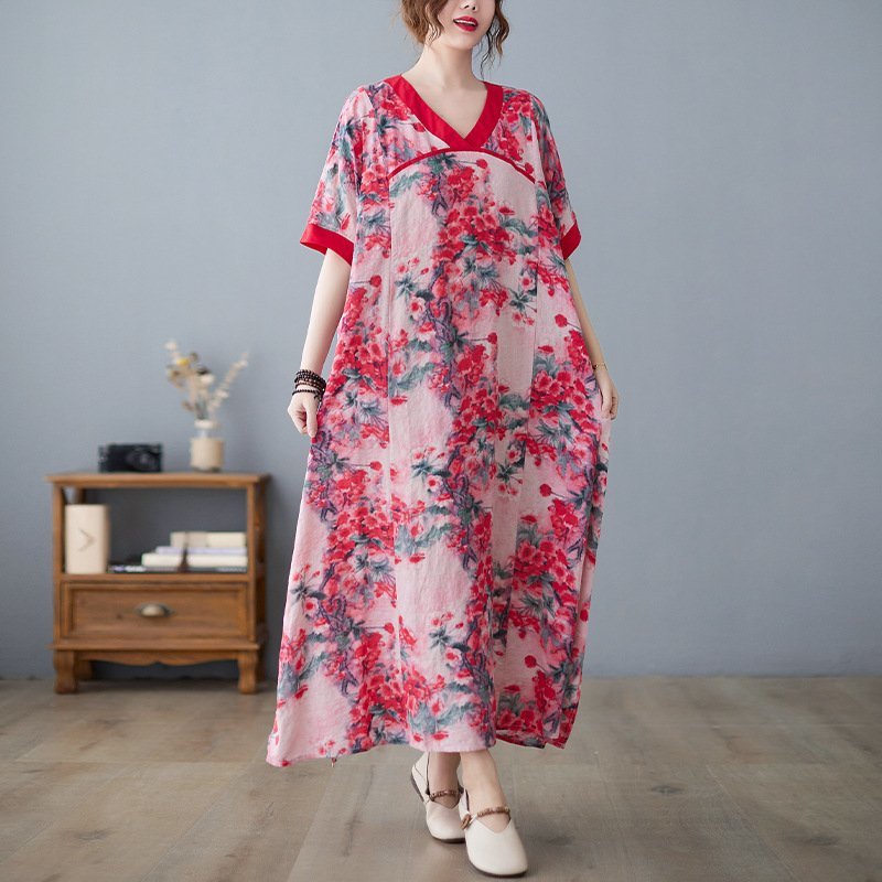 ZJM1185 体型カバー*総柄花柄*Vネック半袖マキシロングワンピース*レッド 新品夏*レディース*カジュアル*ゆったり大きいサイズ拍卖