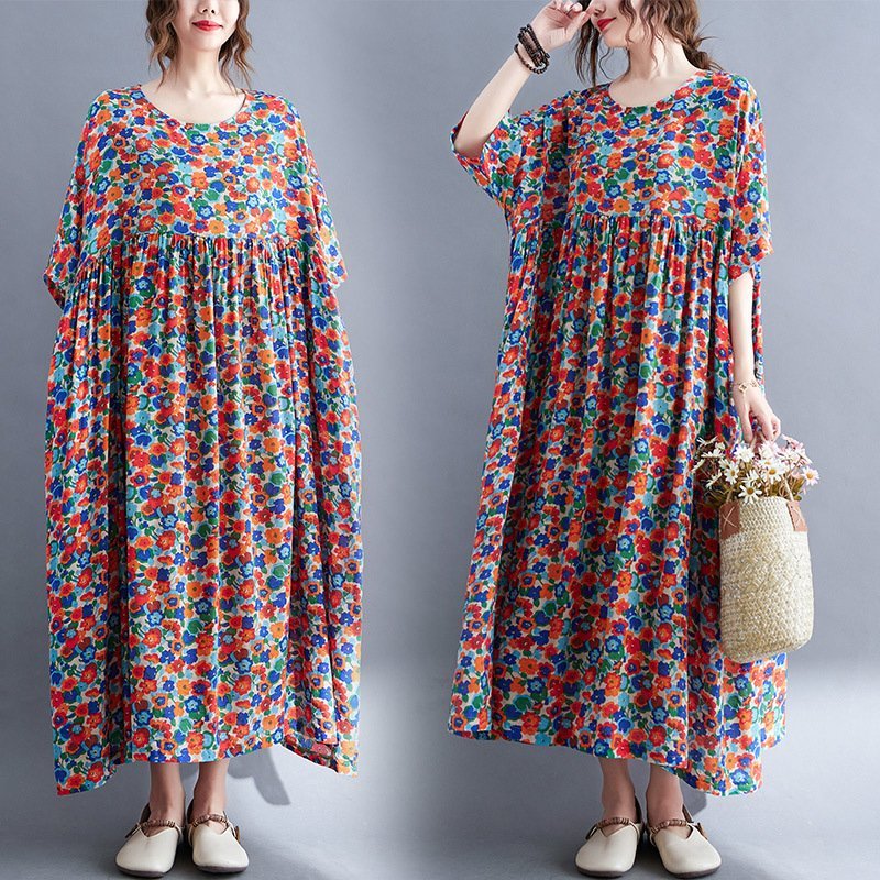 ZJM1216 体型カバー*総柄*半袖マキシロングワンピース*レッド 新品春夏**レディース*カジュアル*ゆったり大きいサイズ拍卖